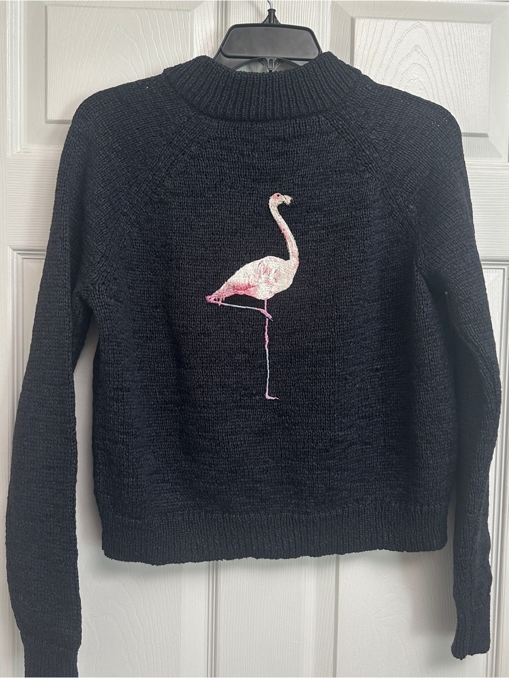 White + Warren Navy Zip Up Sweater with Pink Flamingo Embroidery